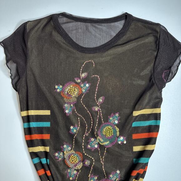 Brown Sheer Mesh Beaded Floral Embroidered Striped Y2K Boho Festival Top S - Picture 7 of 11
